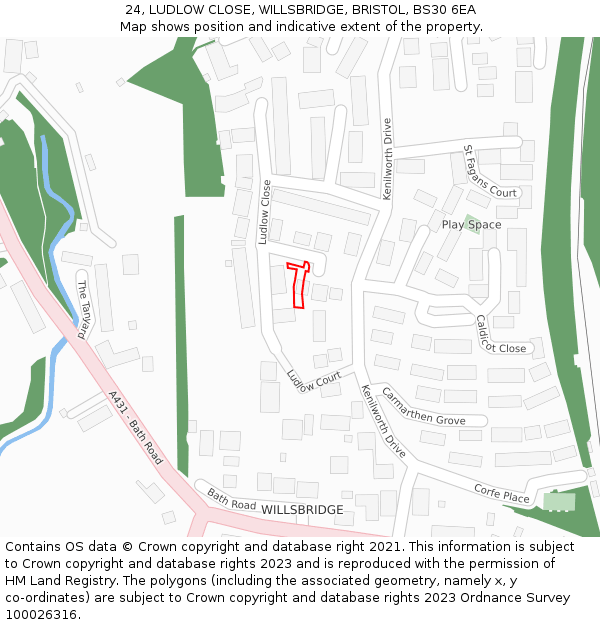 24, LUDLOW CLOSE, WILLSBRIDGE, BRISTOL, BS30 6EA: Location map and indicative extent of plot