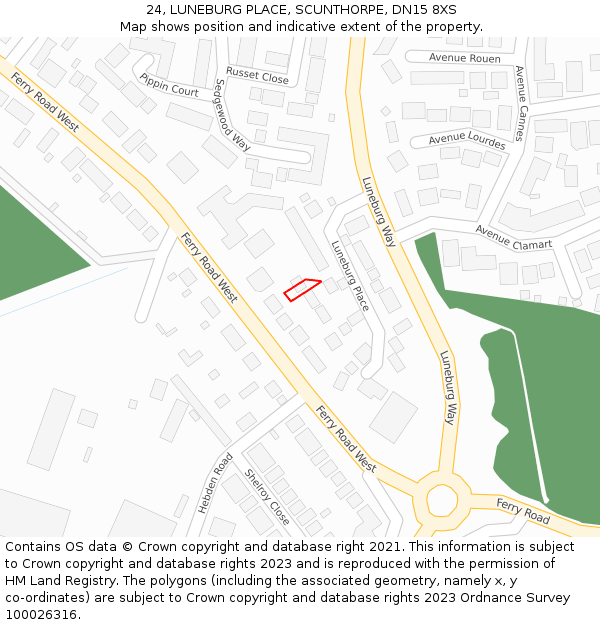 24, LUNEBURG PLACE, SCUNTHORPE, DN15 8XS: Location map and indicative extent of plot