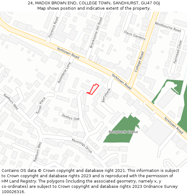 24, MADOX BROWN END, COLLEGE TOWN, SANDHURST, GU47 0GJ: Location map and indicative extent of plot