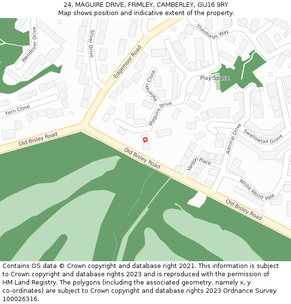 24, MAGUIRE DRIVE, FRIMLEY, CAMBERLEY, GU16 9RY: Location map and indicative extent of plot