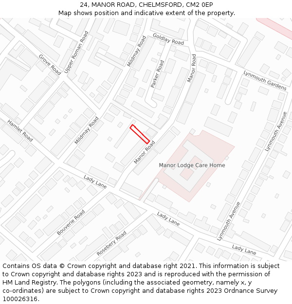 24, MANOR ROAD, CHELMSFORD, CM2 0EP: Location map and indicative extent of plot