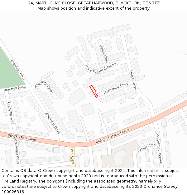 24, MARTHOLME CLOSE, GREAT HARWOOD, BLACKBURN, BB6 7TZ: Location map and indicative extent of plot