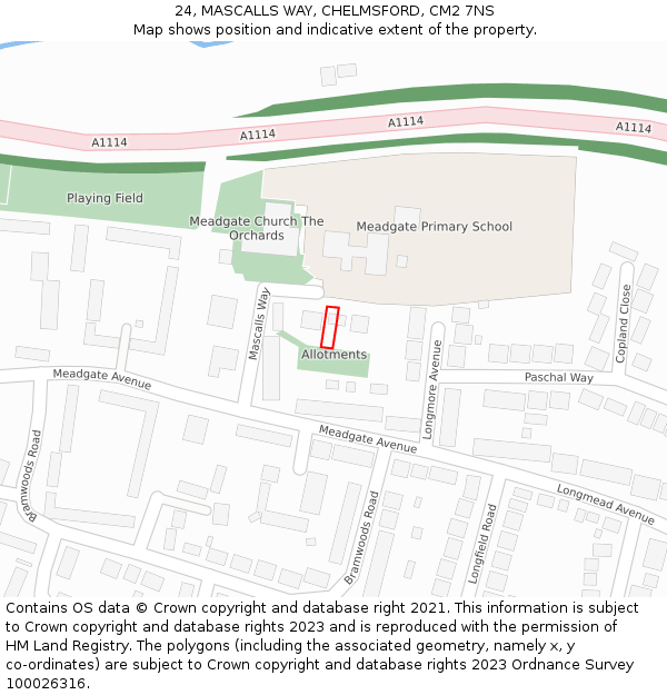 24, MASCALLS WAY, CHELMSFORD, CM2 7NS: Location map and indicative extent of plot