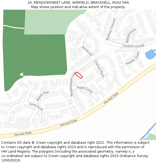 24, MEADOWSWEET LANE, WARFIELD, BRACKNELL, RG42 5AA: Location map and indicative extent of plot