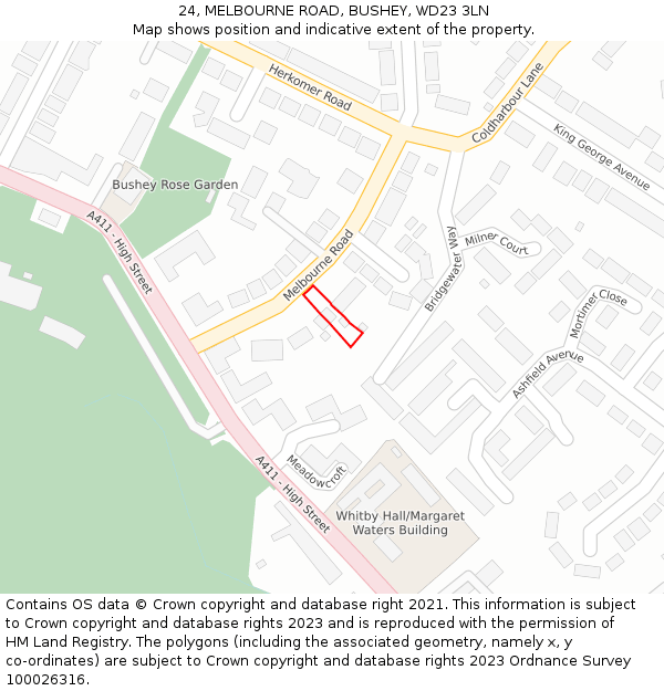 24, MELBOURNE ROAD, BUSHEY, WD23 3LN: Location map and indicative extent of plot