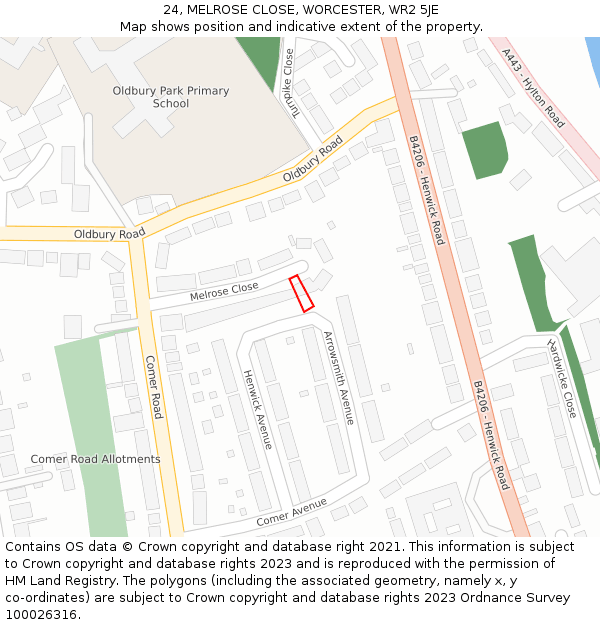 24, MELROSE CLOSE, WORCESTER, WR2 5JE: Location map and indicative extent of plot