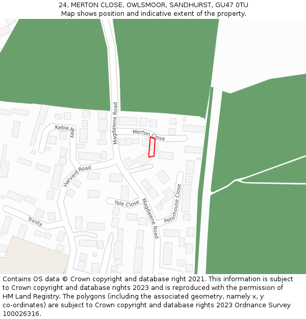 24, MERTON CLOSE, OWLSMOOR, SANDHURST, GU47 0TU: Location map and indicative extent of plot
