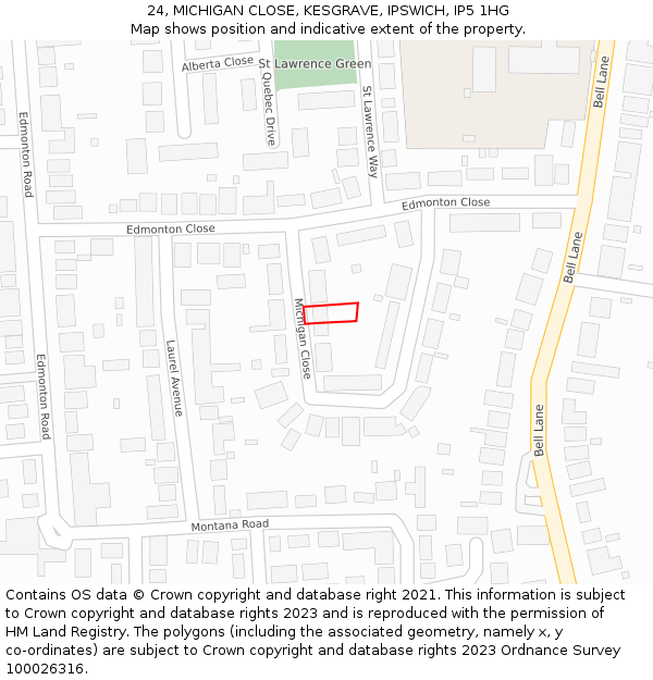 24, MICHIGAN CLOSE, KESGRAVE, IPSWICH, IP5 1HG: Location map and indicative extent of plot