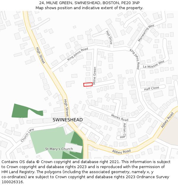 24, MILNE GREEN, SWINESHEAD, BOSTON, PE20 3NP: Location map and indicative extent of plot
