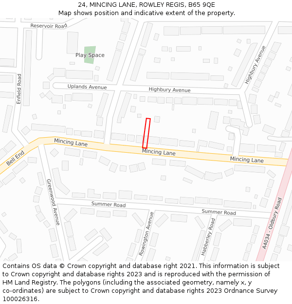 24, MINCING LANE, ROWLEY REGIS, B65 9QE: Location map and indicative extent of plot