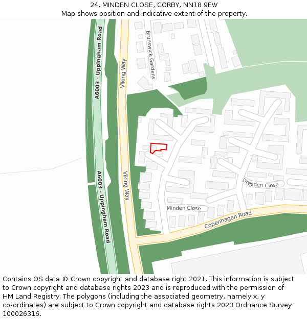 24, MINDEN CLOSE, CORBY, NN18 9EW: Location map and indicative extent of plot