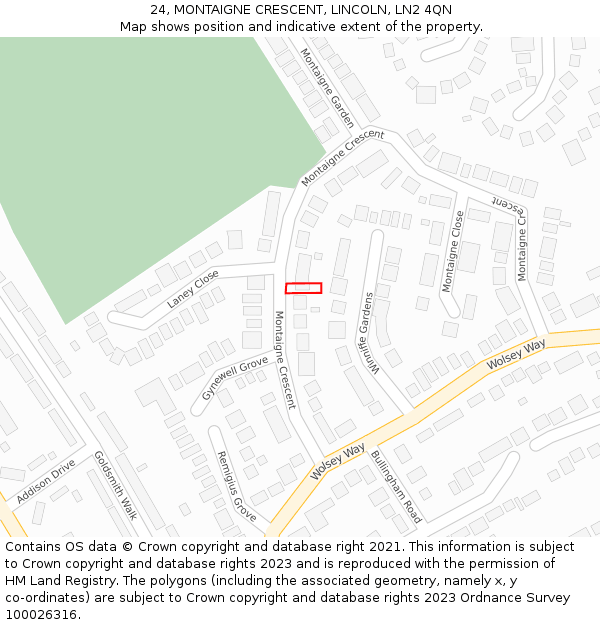 24, MONTAIGNE CRESCENT, LINCOLN, LN2 4QN: Location map and indicative extent of plot