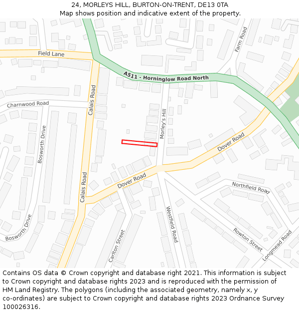 24, MORLEYS HILL, BURTON-ON-TRENT, DE13 0TA: Location map and indicative extent of plot
