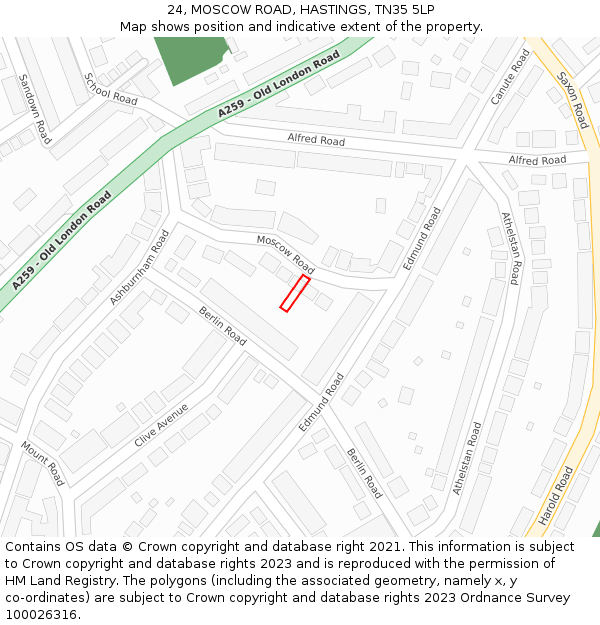 24, MOSCOW ROAD, HASTINGS, TN35 5LP: Location map and indicative extent of plot