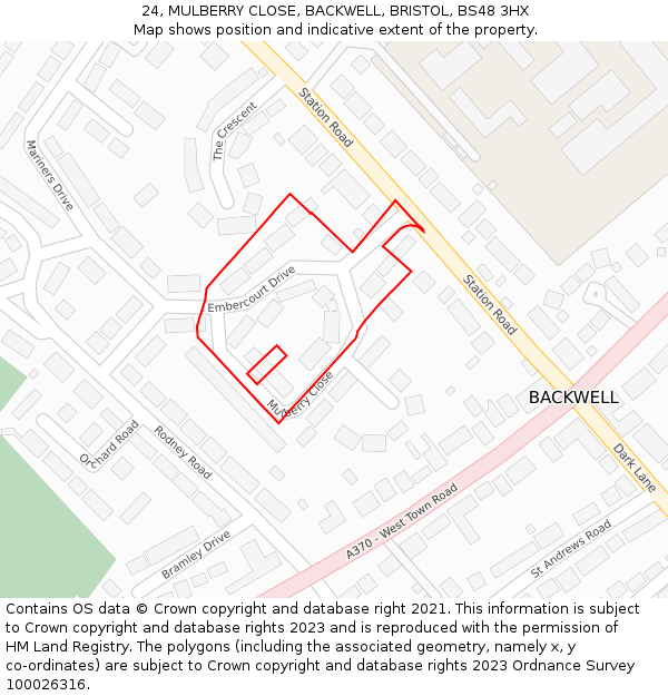 24, MULBERRY CLOSE, BACKWELL, BRISTOL, BS48 3HX: Location map and indicative extent of plot