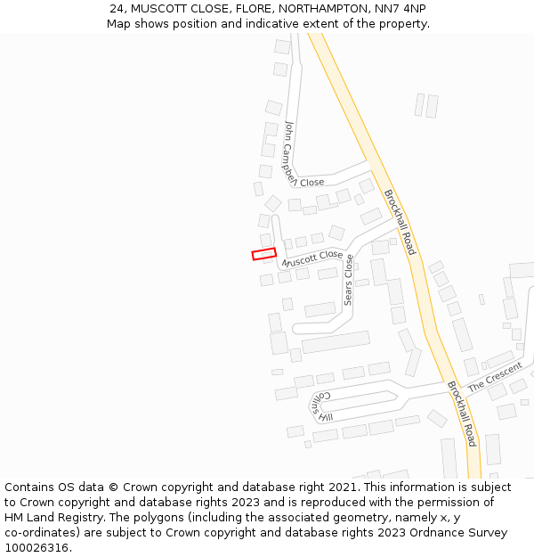 24, MUSCOTT CLOSE, FLORE, NORTHAMPTON, NN7 4NP: Location map and indicative extent of plot