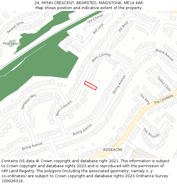 24, MYNN CRESCENT, BEARSTED, MAIDSTONE, ME14 4AR: Location map and indicative extent of plot