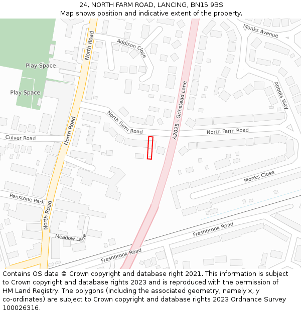 24, NORTH FARM ROAD, LANCING, BN15 9BS: Location map and indicative extent of plot