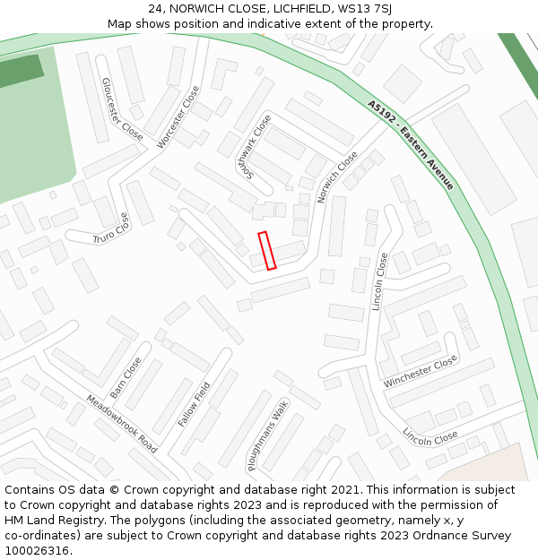 24, NORWICH CLOSE, LICHFIELD, WS13 7SJ: Location map and indicative extent of plot