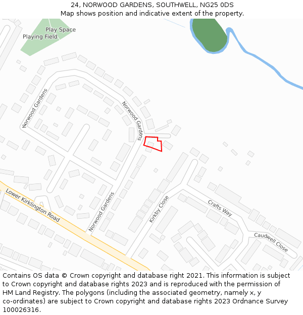 24, NORWOOD GARDENS, SOUTHWELL, NG25 0DS: Location map and indicative extent of plot