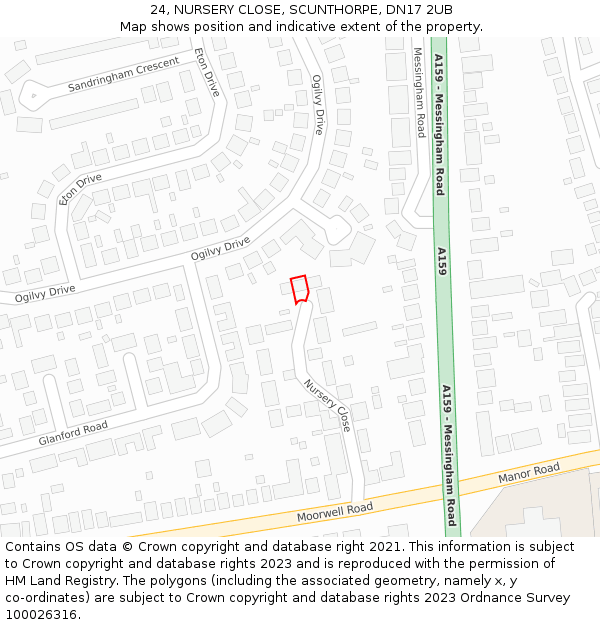 24, NURSERY CLOSE, SCUNTHORPE, DN17 2UB: Location map and indicative extent of plot