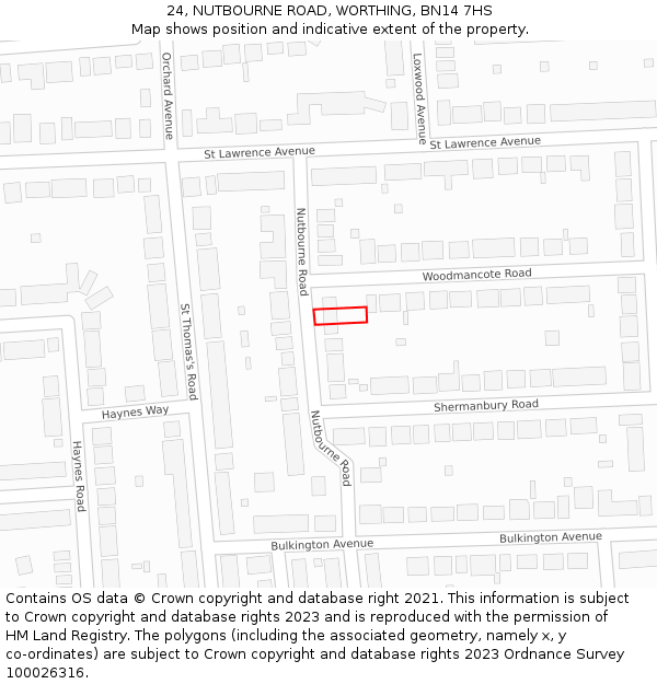 24, NUTBOURNE ROAD, WORTHING, BN14 7HS: Location map and indicative extent of plot
