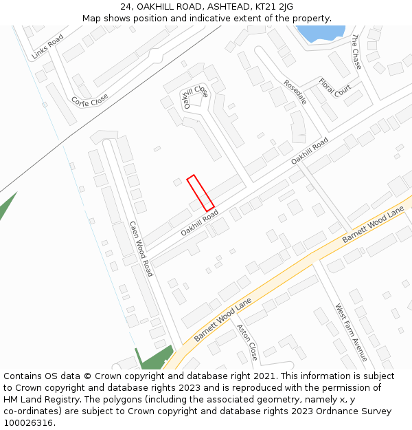 24, OAKHILL ROAD, ASHTEAD, KT21 2JG: Location map and indicative extent of plot