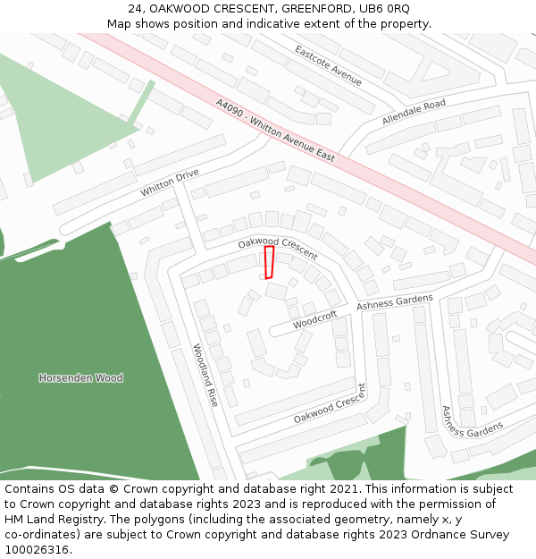 24, OAKWOOD CRESCENT, GREENFORD, UB6 0RQ: Location map and indicative extent of plot