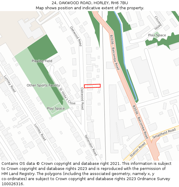 24, OAKWOOD ROAD, HORLEY, RH6 7BU: Location map and indicative extent of plot