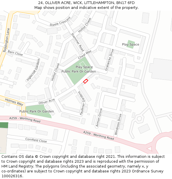 24, OLLIVER ACRE, WICK, LITTLEHAMPTON, BN17 6FD: Location map and indicative extent of plot