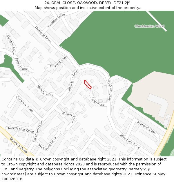 24, OPAL CLOSE, OAKWOOD, DERBY, DE21 2JY: Location map and indicative extent of plot