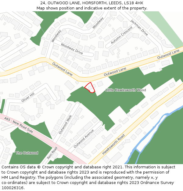 24, OUTWOOD LANE, HORSFORTH, LEEDS, LS18 4HX: Location map and indicative extent of plot