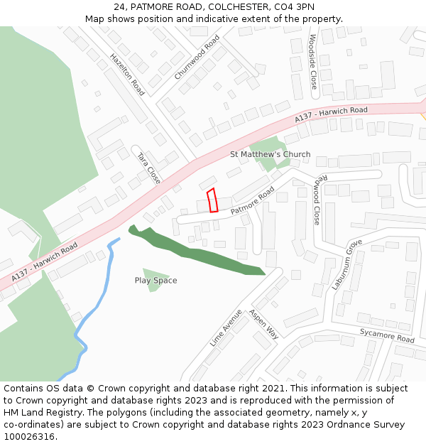 24, PATMORE ROAD, COLCHESTER, CO4 3PN: Location map and indicative extent of plot