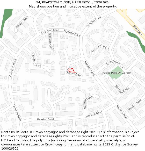 24, PEAKSTON CLOSE, HARTLEPOOL, TS26 0PN: Location map and indicative extent of plot