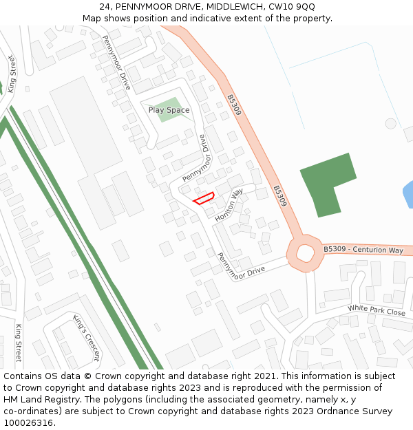 24, PENNYMOOR DRIVE, MIDDLEWICH, CW10 9QQ: Location map and indicative extent of plot