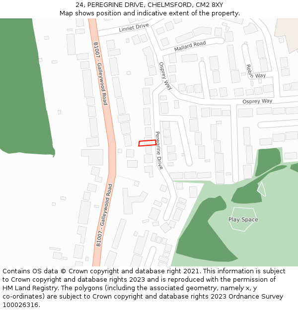 24, PEREGRINE DRIVE, CHELMSFORD, CM2 8XY: Location map and indicative extent of plot