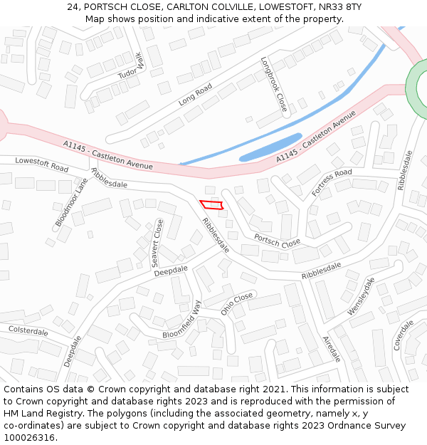 24, PORTSCH CLOSE, CARLTON COLVILLE, LOWESTOFT, NR33 8TY: Location map and indicative extent of plot