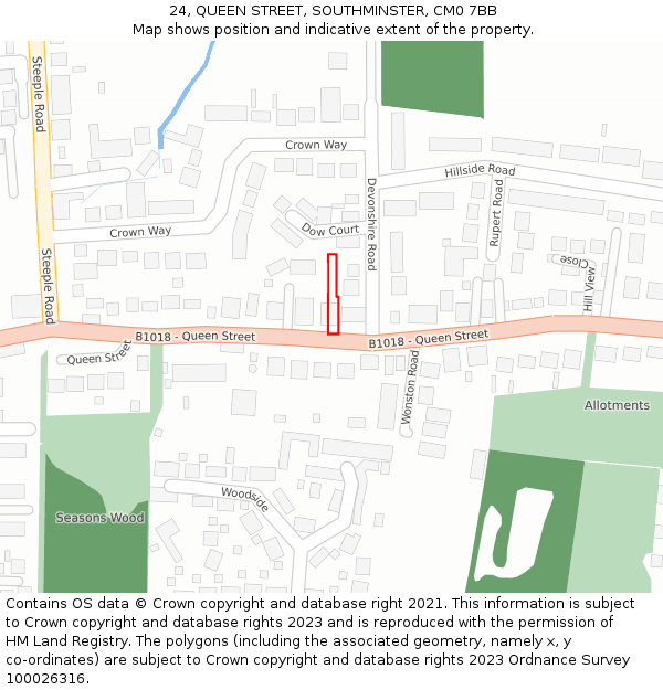 24, QUEEN STREET, SOUTHMINSTER, CM0 7BB: Location map and indicative extent of plot