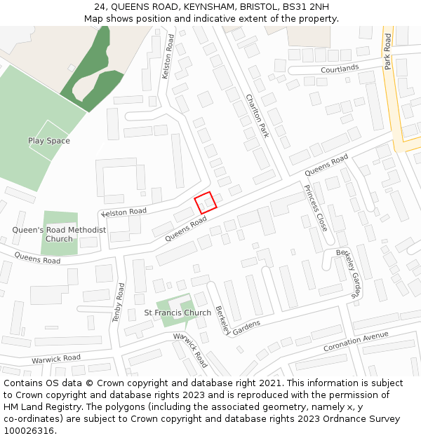 24, QUEENS ROAD, KEYNSHAM, BRISTOL, BS31 2NH: Location map and indicative extent of plot