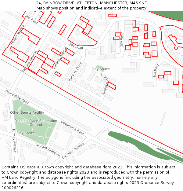 24, RAINBOW DRIVE, ATHERTON, MANCHESTER, M46 9ND: Location map and indicative extent of plot