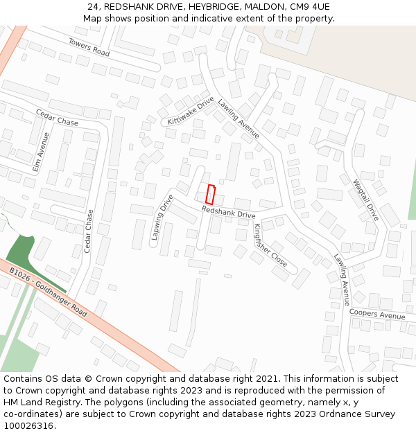 24, REDSHANK DRIVE, HEYBRIDGE, MALDON, CM9 4UE: Location map and indicative extent of plot