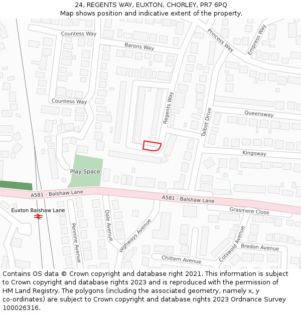 24, REGENTS WAY, EUXTON, CHORLEY, PR7 6PQ: Location map and indicative extent of plot