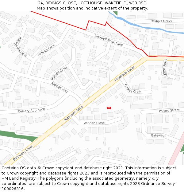 24, RIDINGS CLOSE, LOFTHOUSE, WAKEFIELD, WF3 3SD: Location map and indicative extent of plot