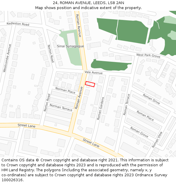 24, ROMAN AVENUE, LEEDS, LS8 2AN: Location map and indicative extent of plot