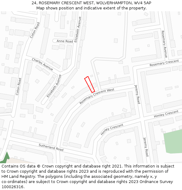 24, ROSEMARY CRESCENT WEST, WOLVERHAMPTON, WV4 5AP: Location map and indicative extent of plot