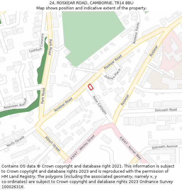24, ROSKEAR ROAD, CAMBORNE, TR14 8BU: Location map and indicative extent of plot