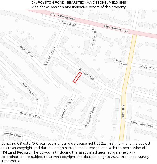 24, ROYSTON ROAD, BEARSTED, MAIDSTONE, ME15 8NS: Location map and indicative extent of plot