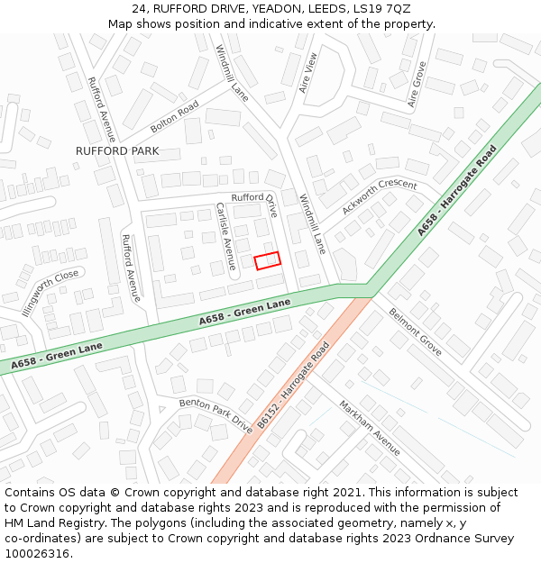 24, RUFFORD DRIVE, YEADON, LEEDS, LS19 7QZ: Location map and indicative extent of plot