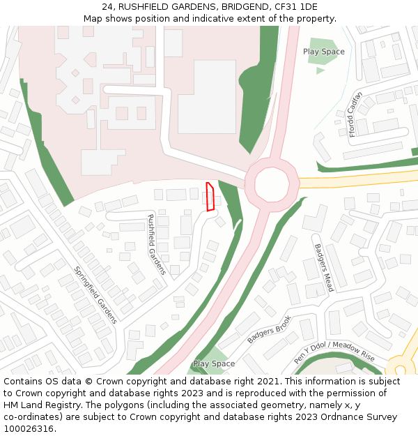 24, RUSHFIELD GARDENS, BRIDGEND, CF31 1DE: Location map and indicative extent of plot