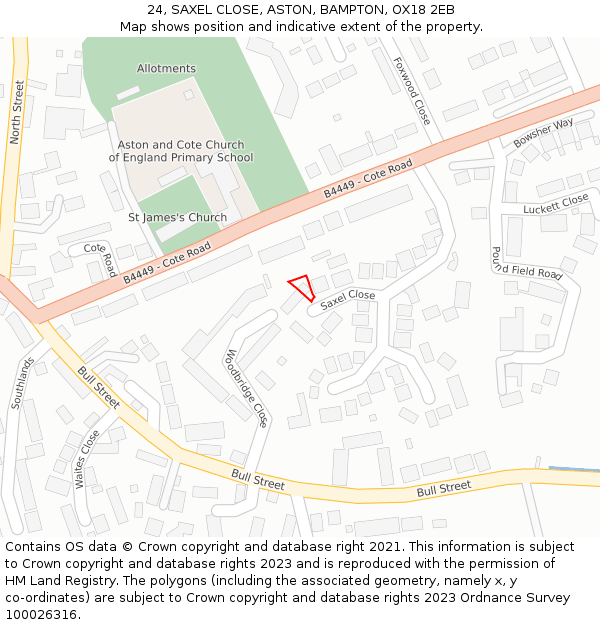 24, SAXEL CLOSE, ASTON, BAMPTON, OX18 2EB: Location map and indicative extent of plot